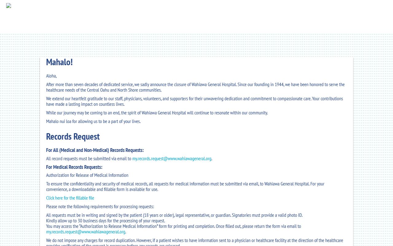 Wahiawa General Hospital public records request page for Wahiawa