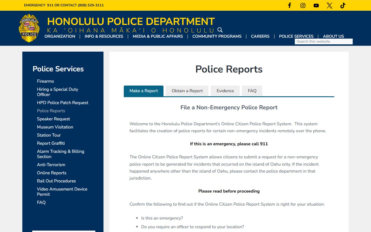 Honolulu Police Department records page for Honolulu County public records