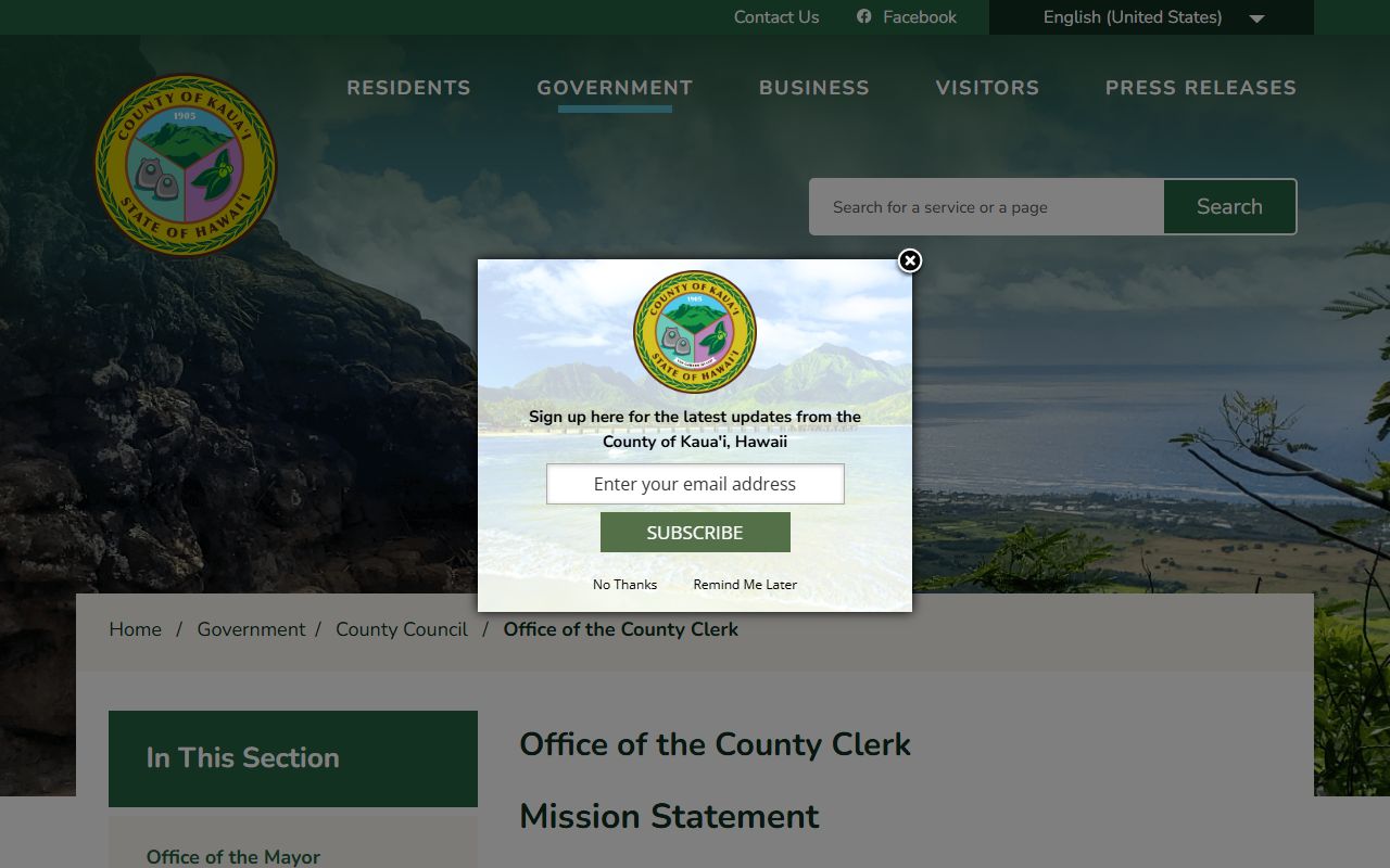 Kauai County Clerk page for Kauai County public records