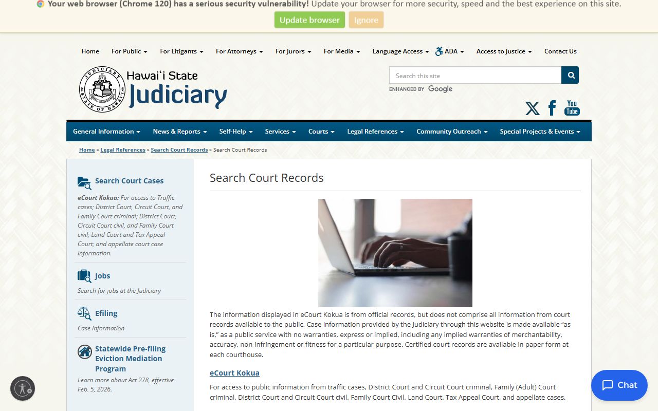 Hawaii State Judiciary eCourt Kokua portal for public records search
